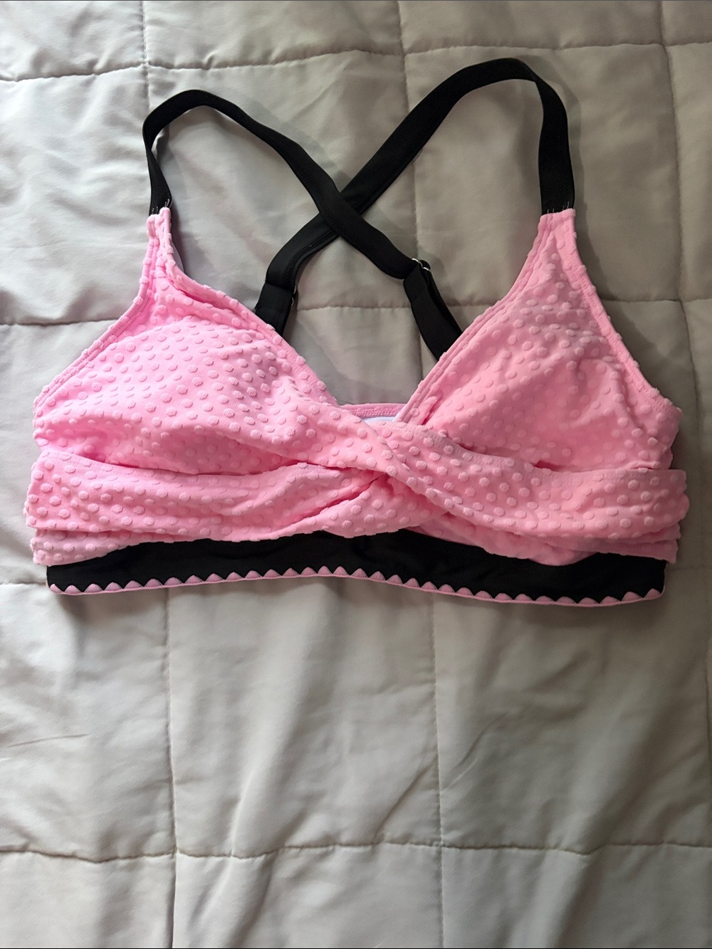 Pink Textured Swim Bikini Top with Black Straps